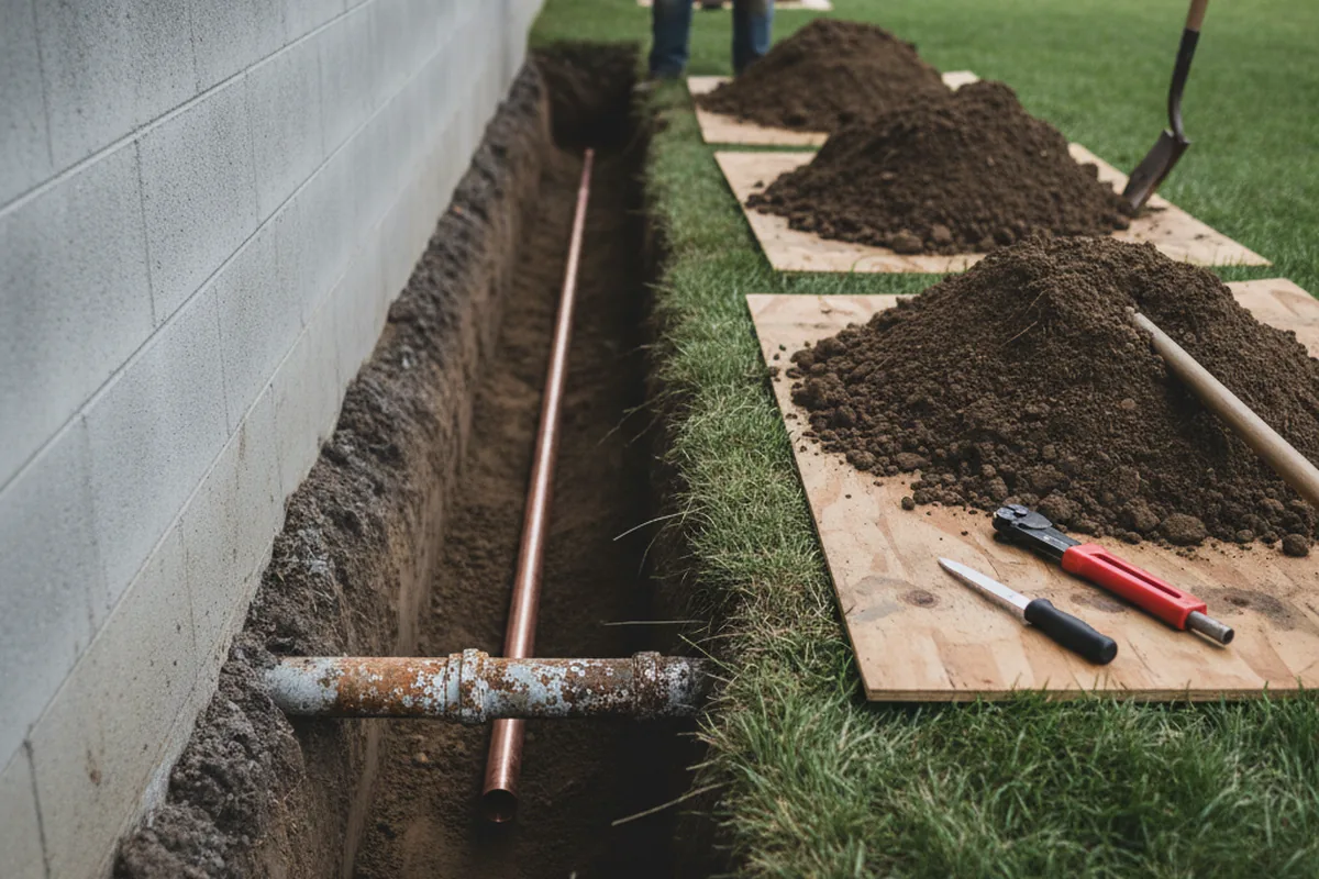 Excavated water line trench during Water Softener Installation in Tenafly